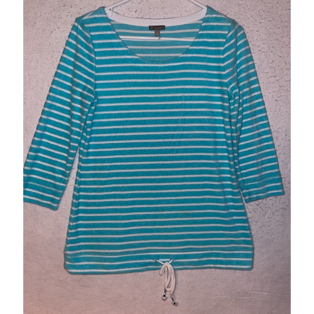 T by Talbots Top Womens XS Aqua Blue White Striped Terry Cloth Beach Drawstring
